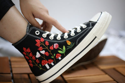 Red Wildflower Mushrooms Converse Embroidery