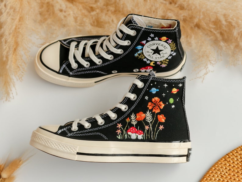 Mushroom and Orange Flower Garden Embroidered Shoes Custom High Tops