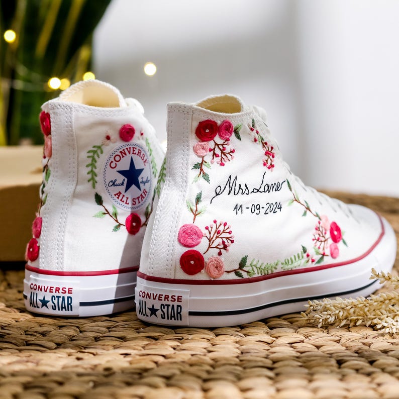 Pink Rose Berry Vine Wedding Converse Embroidery