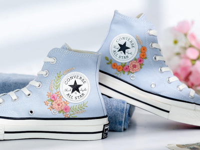 Pink Flower Embroidered Converse Shoes