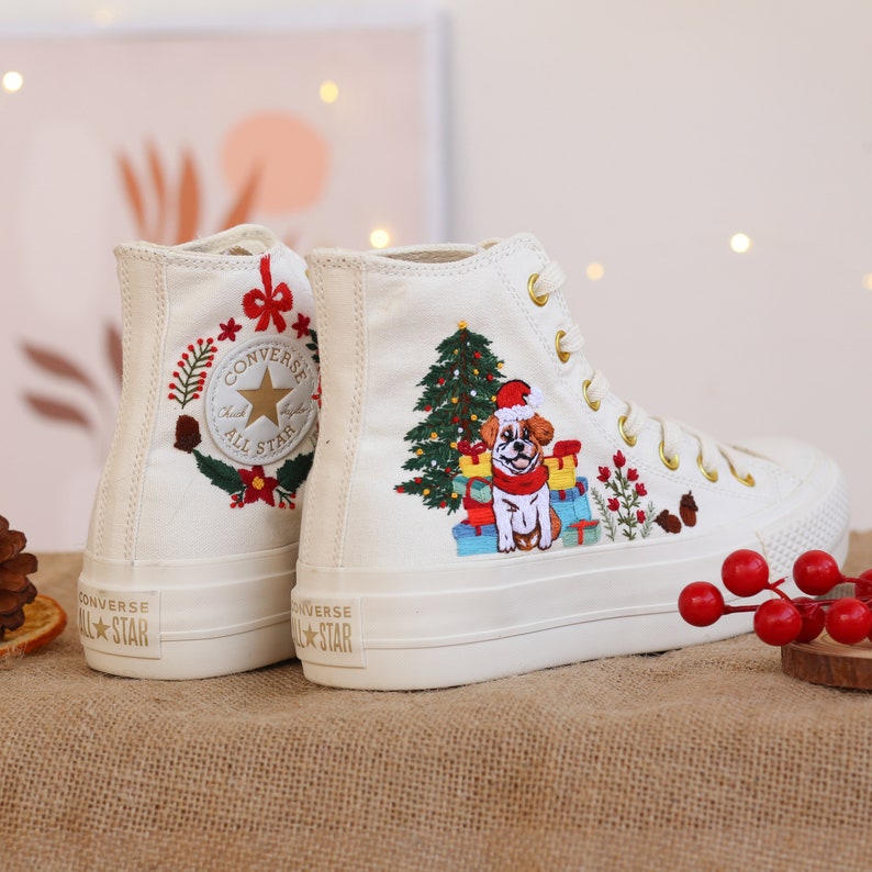 Embroidered Dog Christmas Shoes, Puppy Embroidered Converse