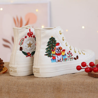 Embroidered Dog Christmas Shoes, Puppy Embroidered Converse