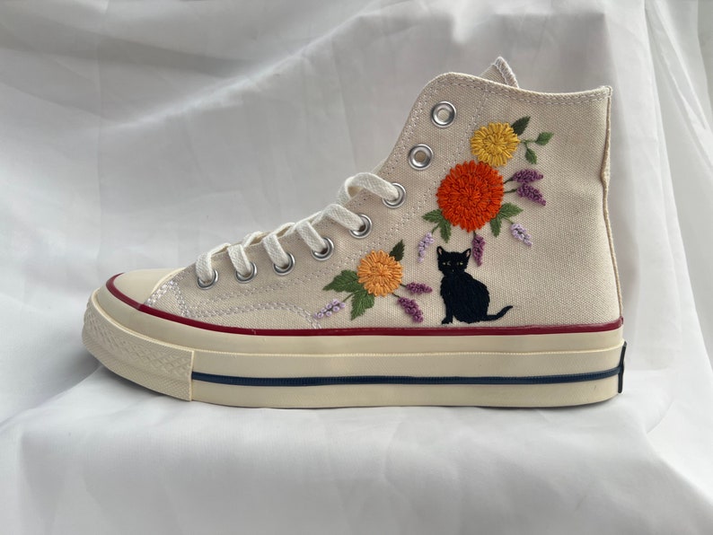 Black Cat & Orange Flowers Converse Embroidery