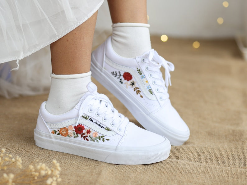 Vans Embroidered Red and Burnt Orange Flowers