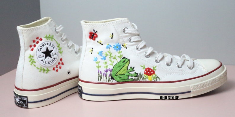 Frog and mushroom embroidered shoes