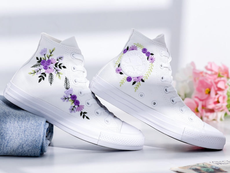 Purple Bridal Bouquet Embroidered Converse Shoes