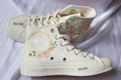 White Flowers Embroidered Sneakers for Bride