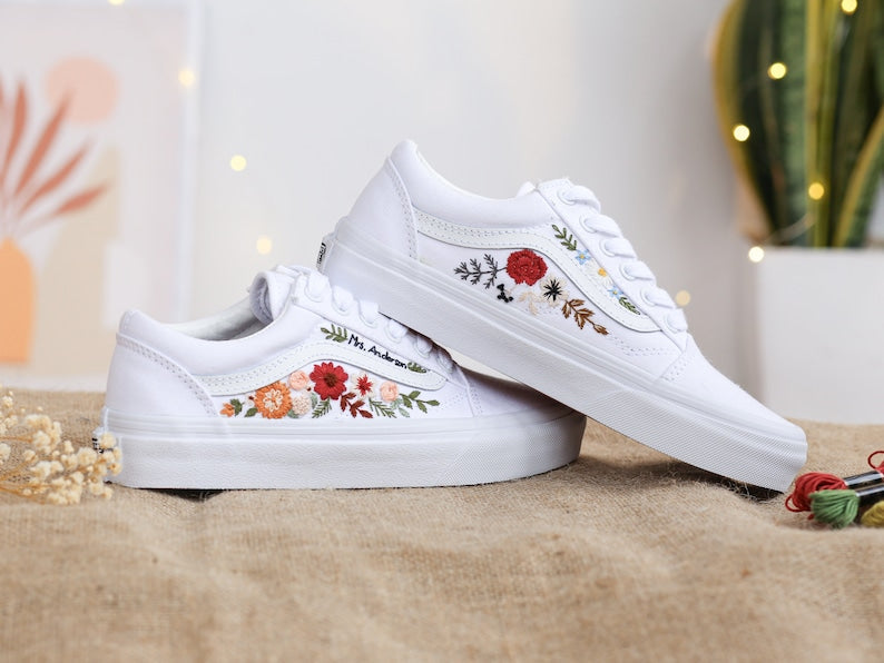 Vans Embroidered Red and Burnt Orange Flowers