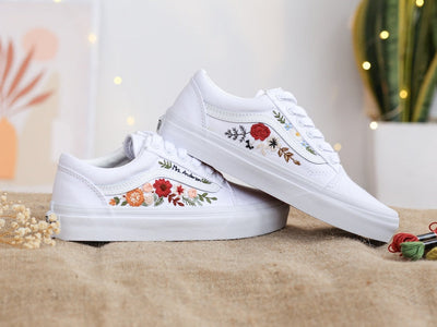 Vans Embroidered Red and Burnt Orange Flowers