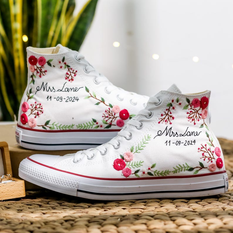 Pink Rose Berry Vine Wedding Converse Embroidery
