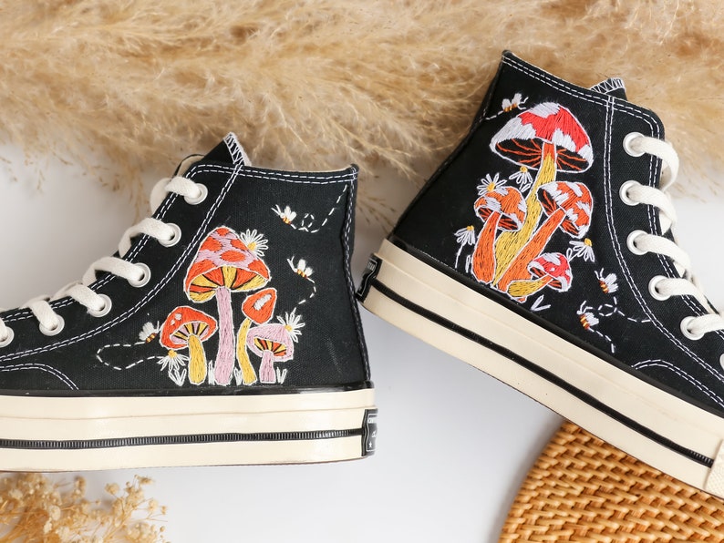 Converse Embroidery Bee Colorful Mushroom Garden High Tops