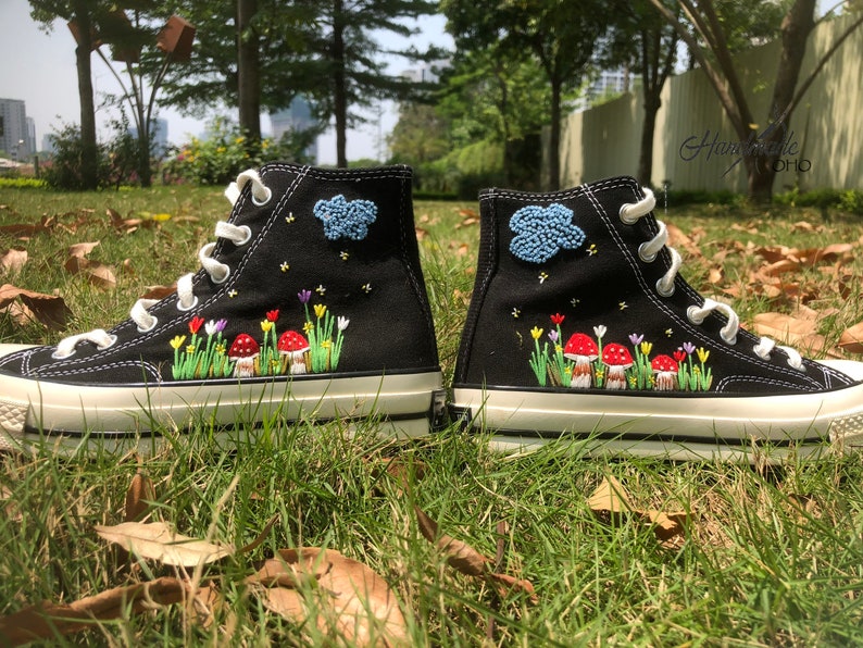 Custom mushroom, cloud and garden embroidered shoes