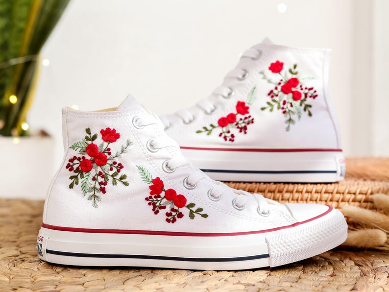 Red Rose Berry Converse Embroidery