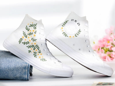 White Floral Embroidery Converse Shoes