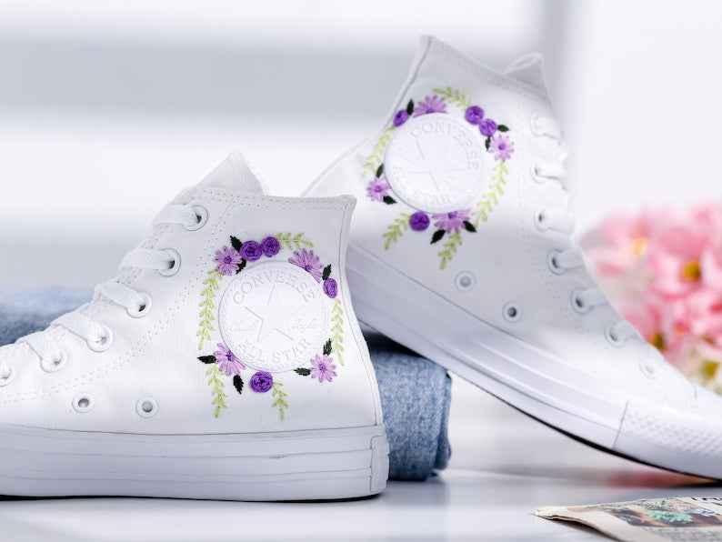 Purple Bridal Bouquet Embroidered Converse Shoes