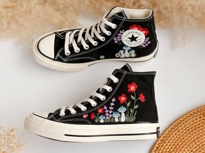 Custom Converse Embroidered Blue Mushrooms and Red Flowers High Top