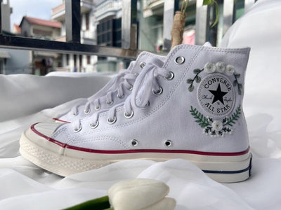 White Flower  Embroidered Converse