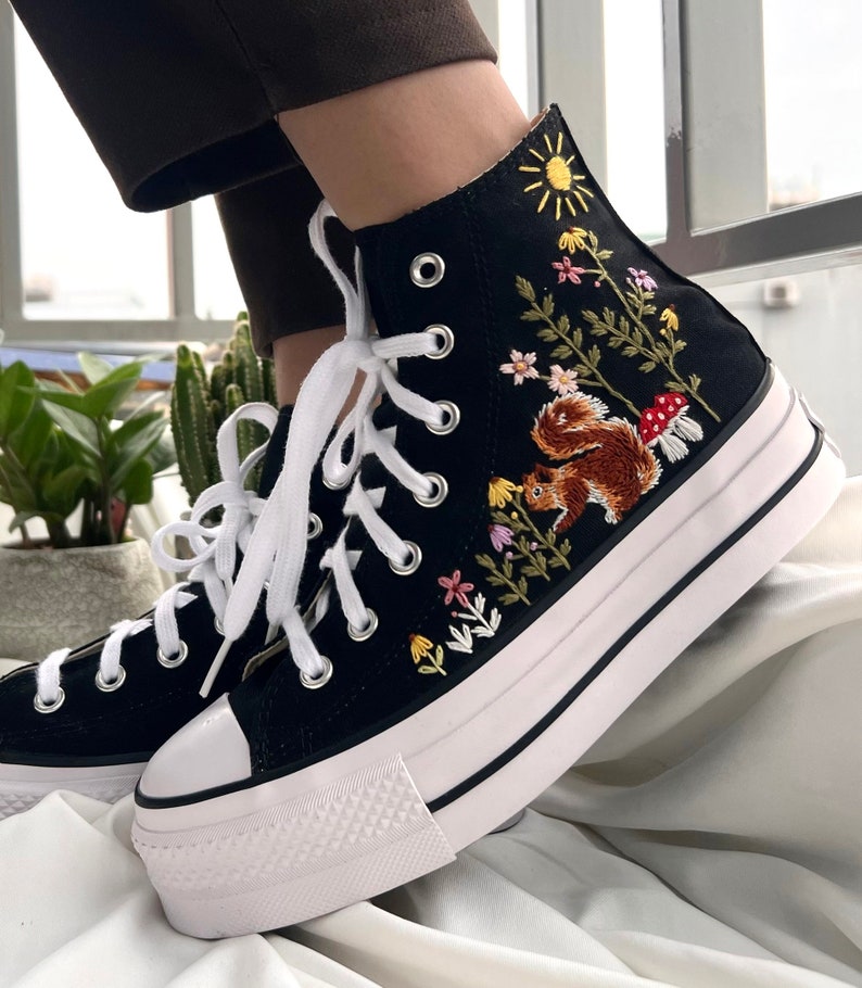 Squirrel, Mushroom, and Floral Converse Embroidery