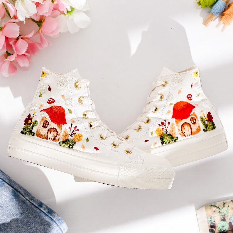 Mushroom House Embroidered Converse Shoes