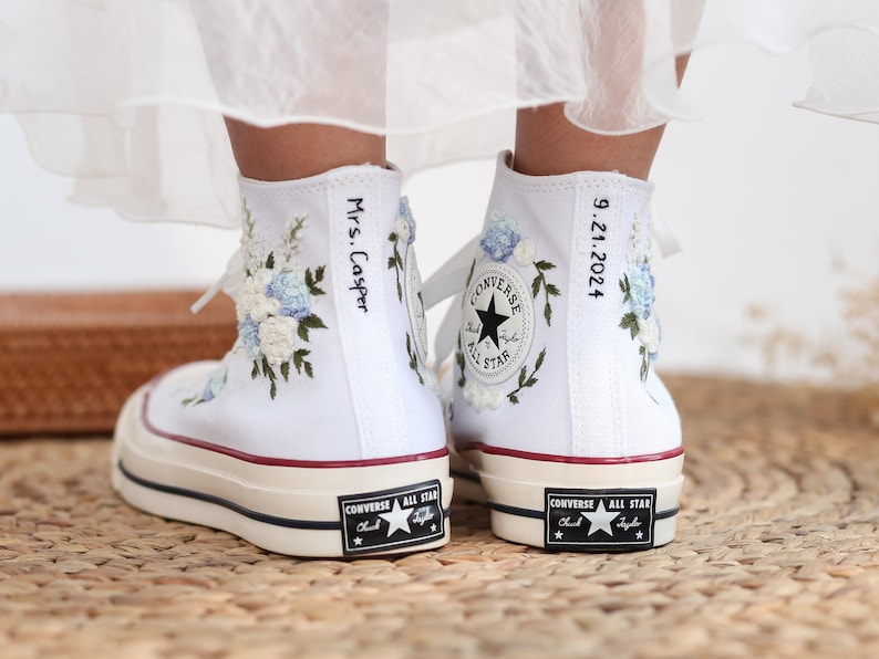 Blue Rose & Hydrangea Wedding Converse Embroidery