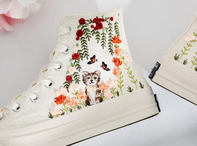 Wedding Flowers and Cat Embroidered Converse Shoes