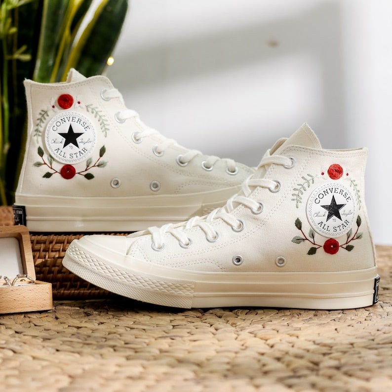 Red Rose Berry Vine Wedding Converse Embroidery