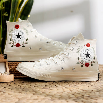 Red Rose Berry Vine Wedding Converse Embroidery