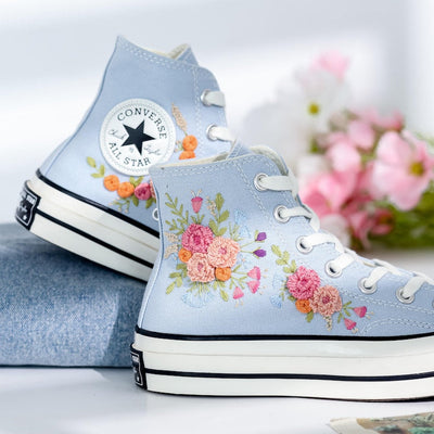 Pink Flower Embroidered Converse Shoes