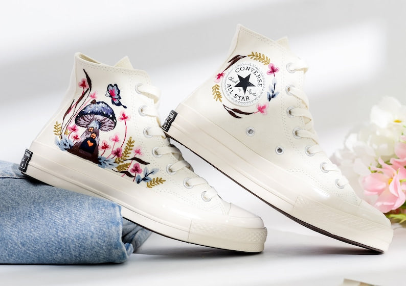 Butterfly and Mushrooms Embroidered Converse Shoes