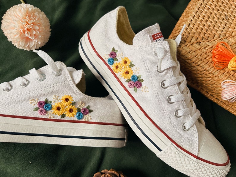 Sunflowers And Roses Garden Embroidered Converse Low Top