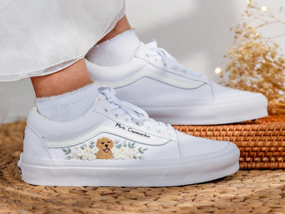 Pet Embroidered Wedding Vans, White Rose Embroidered