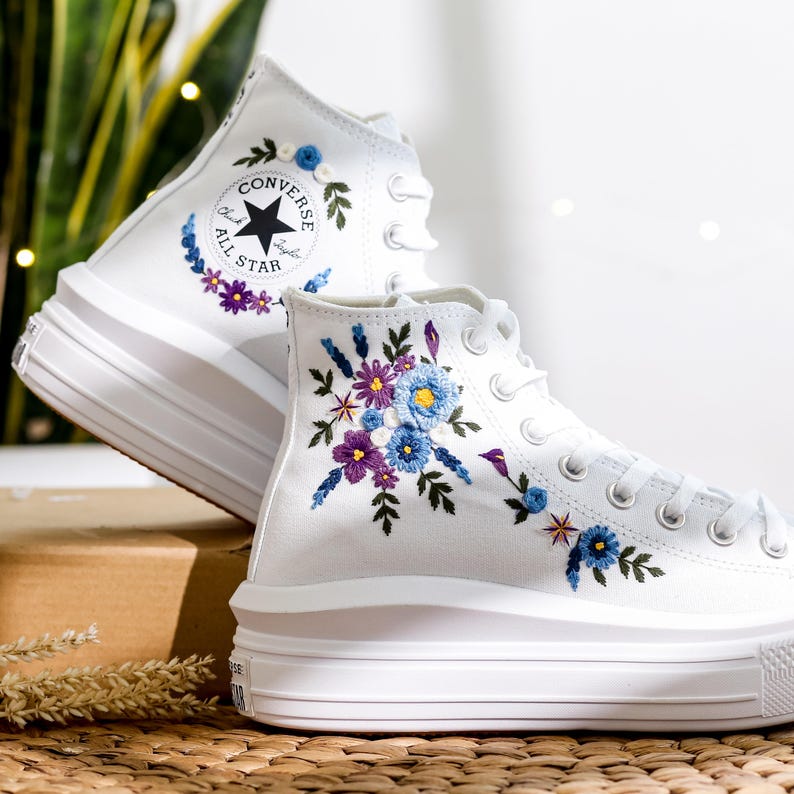 Blue Purple Floral Wedding Converse Embroidery