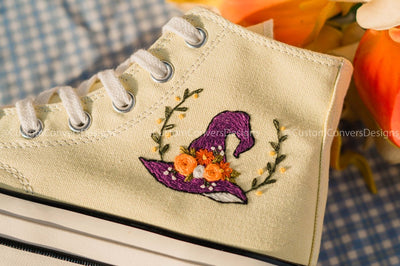 Embroidered Sneakers Witch Hat And Flowers