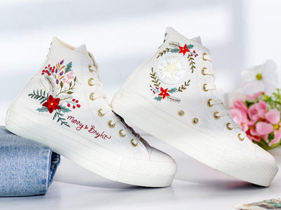 Poinsettia Flowers Embroidered Converse Shoes