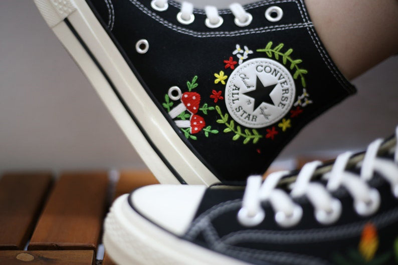 Red Wildflower Mushrooms Converse Embroidery