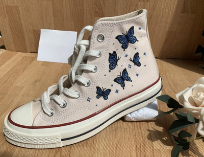 Blue Butterflies and Flowers Converse Embroidery