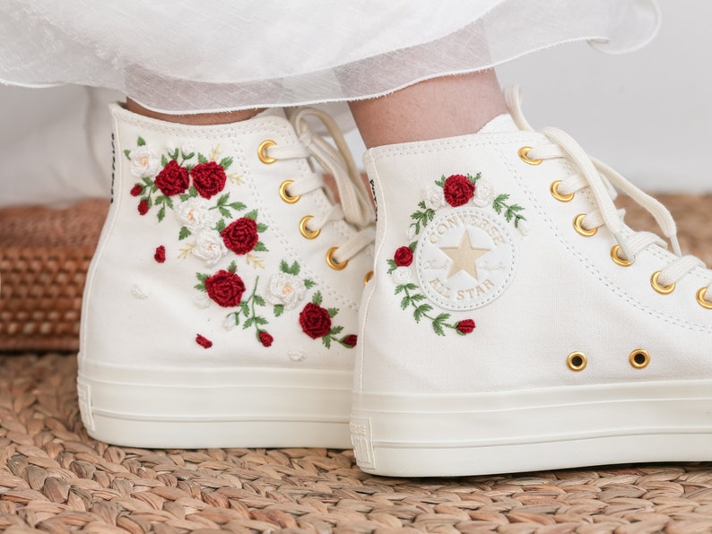 Red White Roses Wedding Converse Embroidery