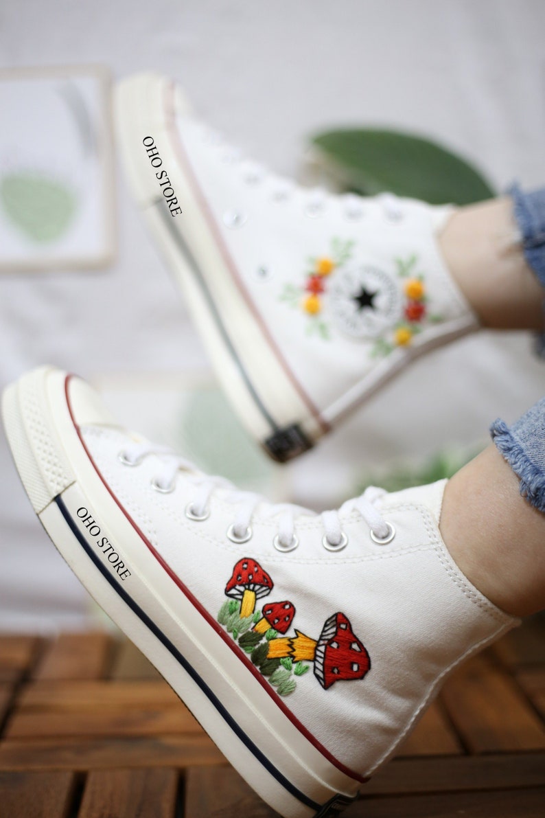 Mushroom and frog embroidered shoes