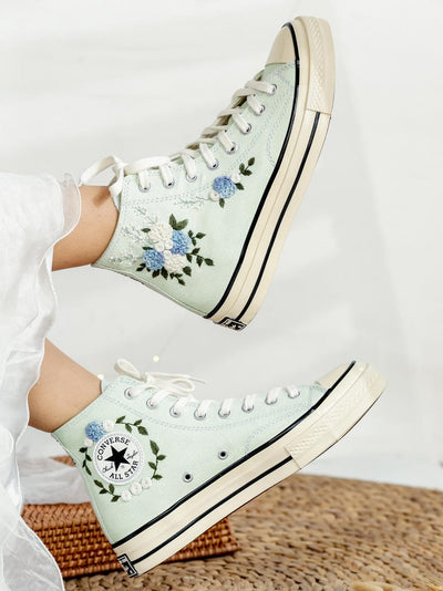 Blue White Roses Wedding Converse Embroidery
