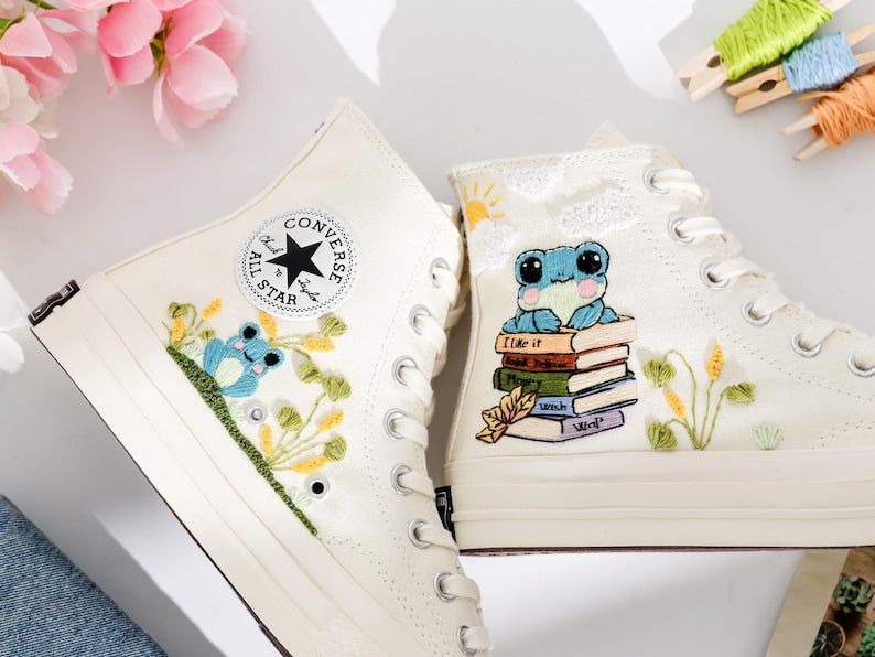 Books and Frogs Embroidered Shoes