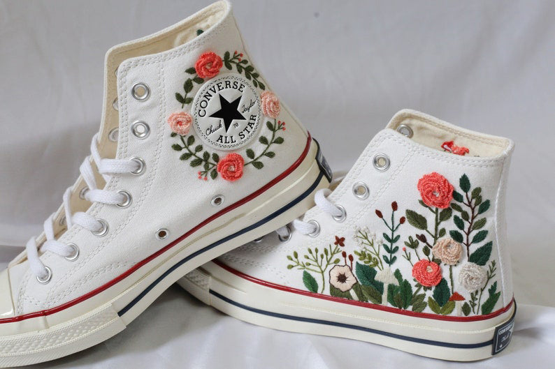Coral Rose Garden Converse Embroidery