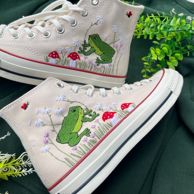 Converse High Tops Embroidered Flower, Mushrooms And Frogs