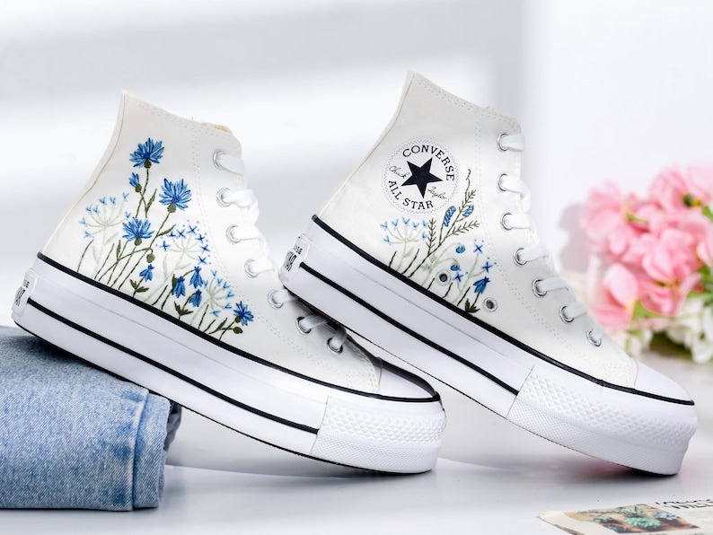 Wedding Blue Flowers Embroidered Converse Shoes