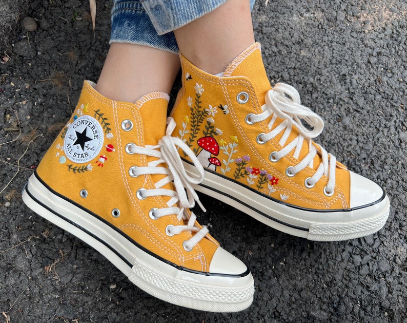 Flowers, Mushrooms And Bees Embroidery High Tops