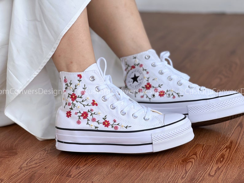 Custom Converse Red Flower Truss Embroidery