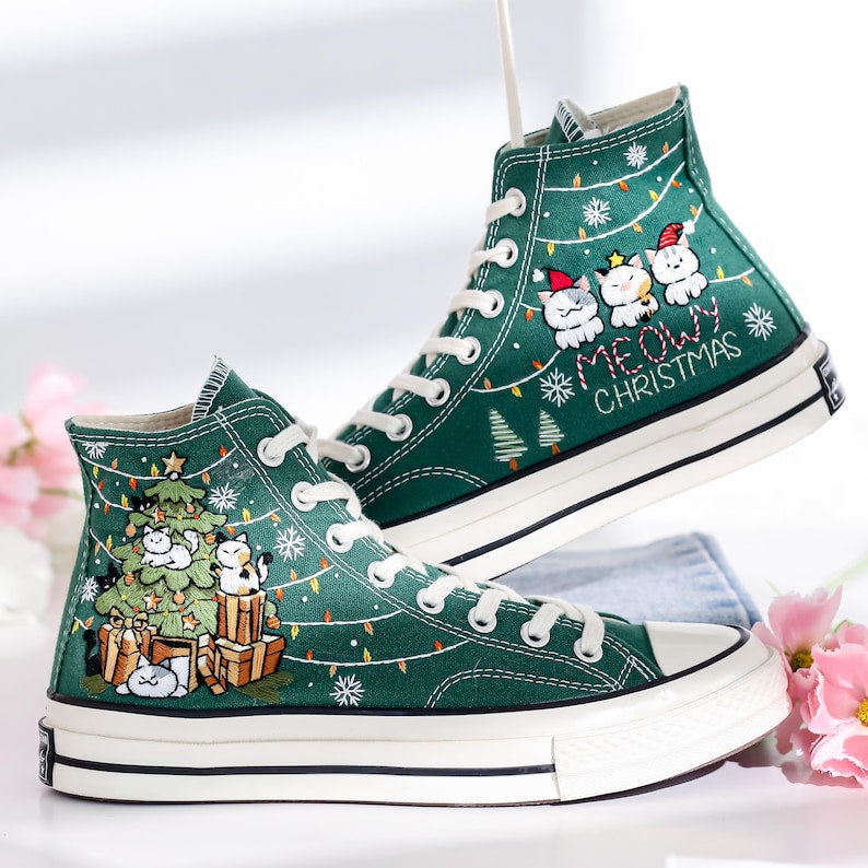 Meowy Christmas Embroidered Converse Shoes