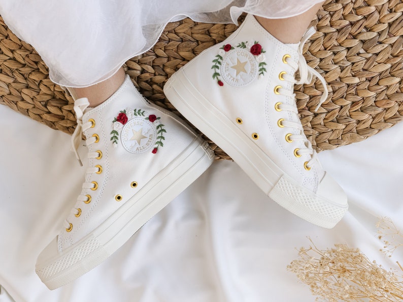 Red White Roses Wedding Converse Embroidery
