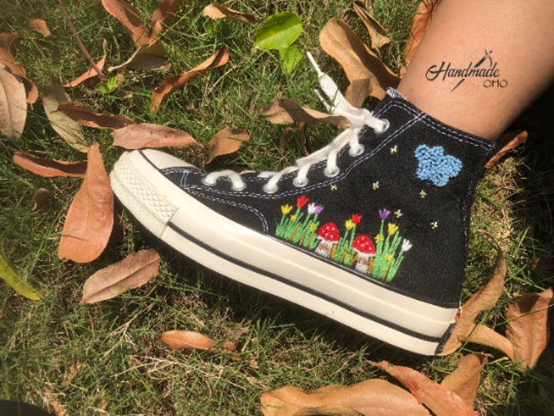 Custom mushroom, cloud and garden embroidered shoes