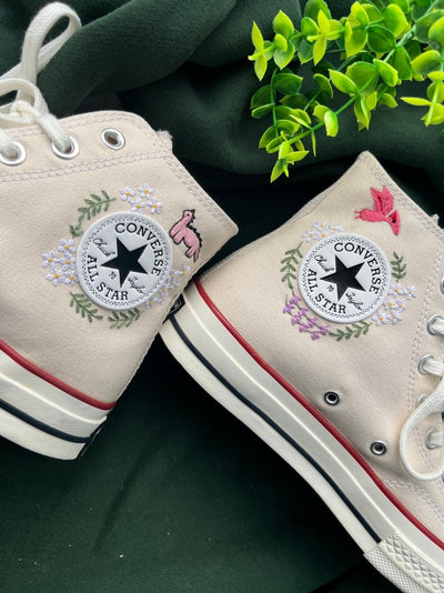 Converse High Tops Embroidered Flower, Mushrooms And Frogs