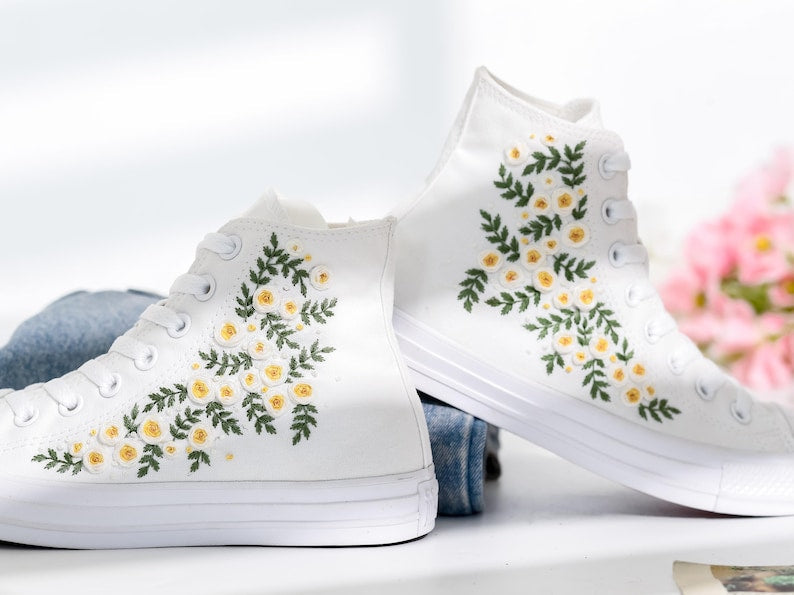 White Floral Embroidery Converse Shoes